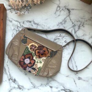 * Vintage Moon Bag in Taupe Leather w/ Cross-stitch